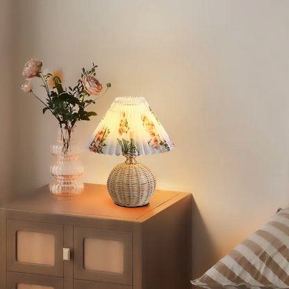 Boho Table Lamp with Woven Rattan Base and Pleated Shade