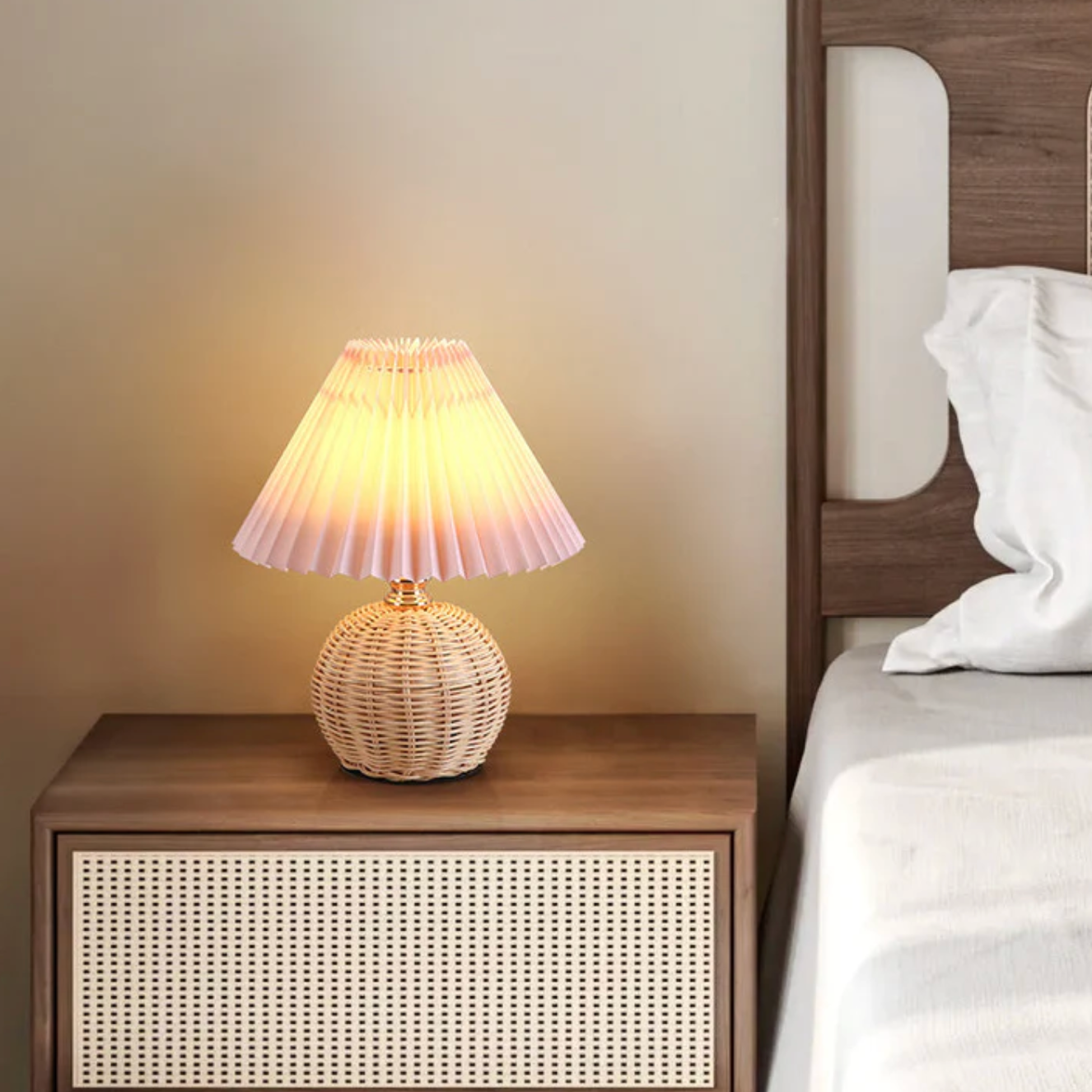 Boho Table Lamp with Woven Rattan Base and Pleated Shade