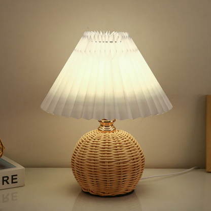 Boho Table Lamp with Woven Rattan Base and Pleated Shade