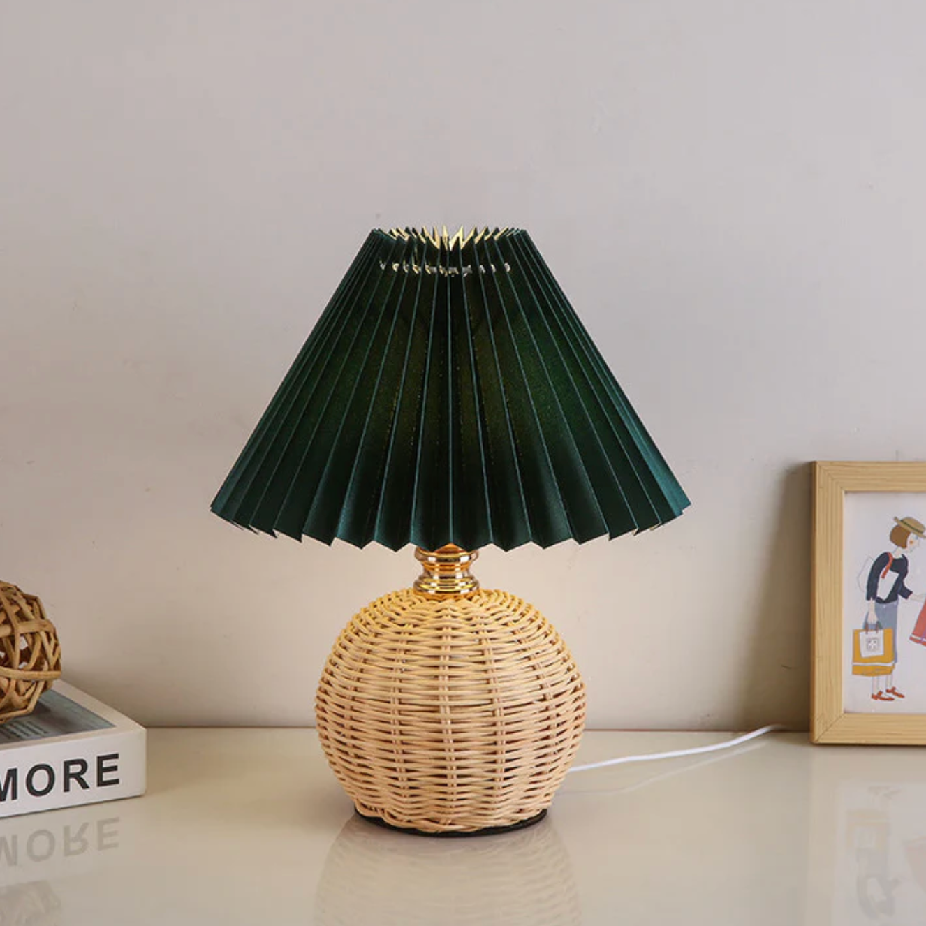 Boho Table Lamp with Woven Rattan Base and Pleated Shade