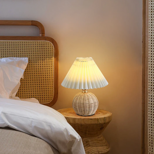 Boho Table Lamp with Woven Rattan Base and Pleated Shade