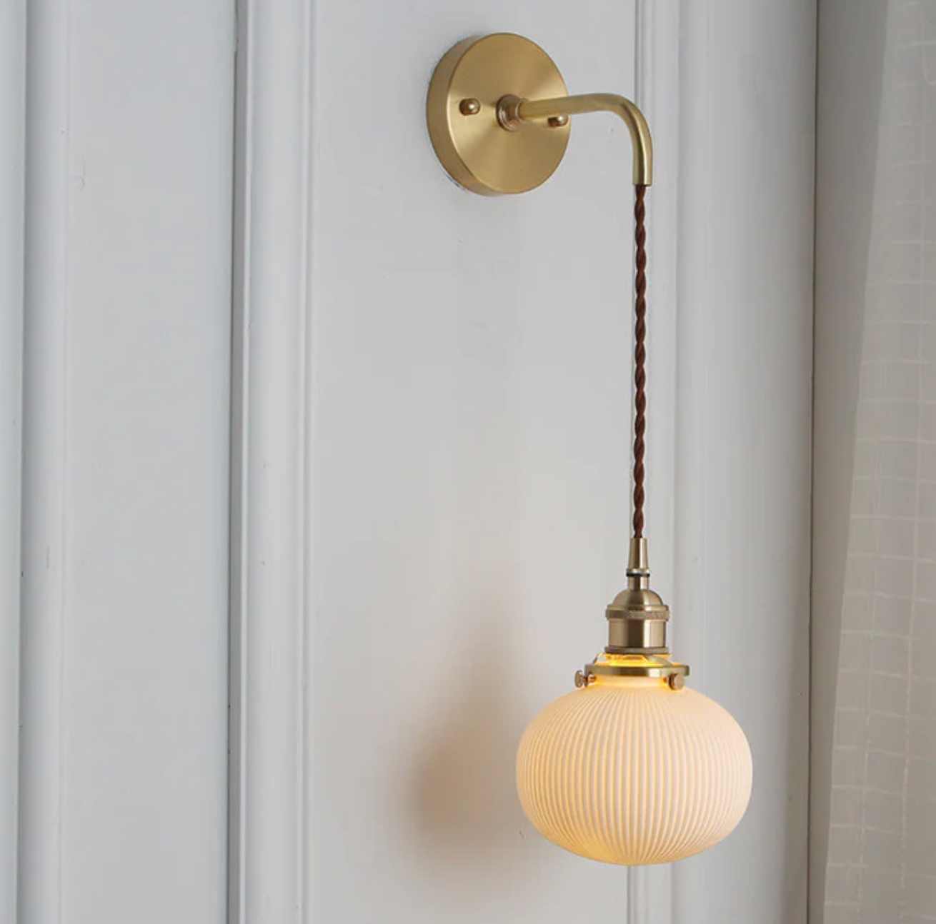 Retro Wall Light with Milky Glass Shade and Brass Finish