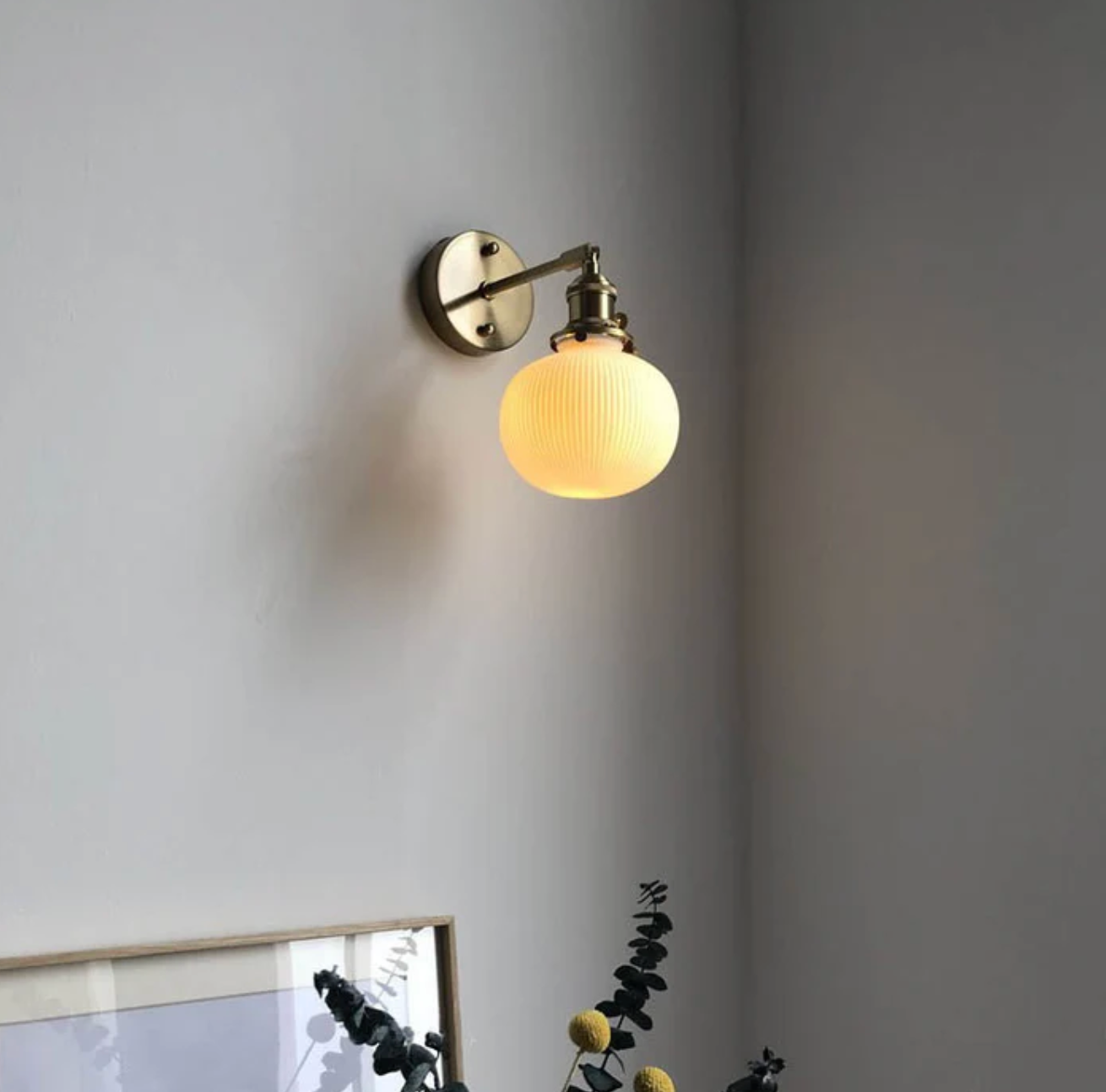 Retro Wall Light with Milky Glass Shade and Brass Finish