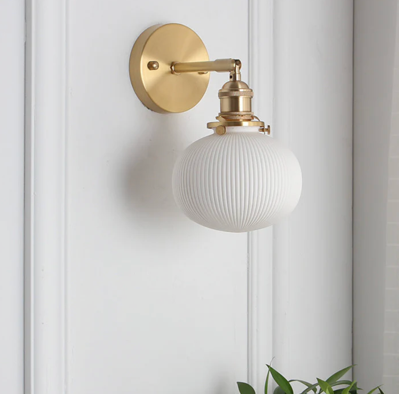 Retro Wall Light with Milky Glass Shade and Brass Finish