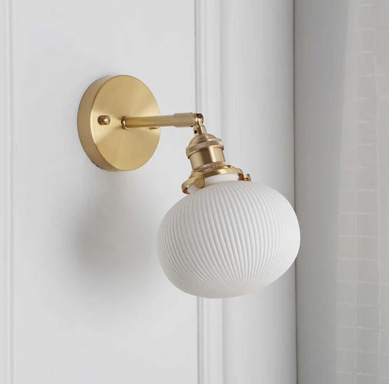 Retro Wall Light with Milky Glass Shade and Brass Finish