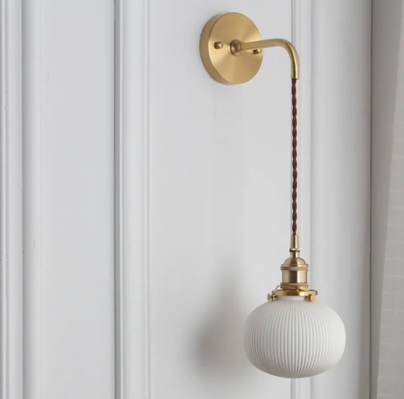 Retro Wall Light with Milky Glass Shade and Brass Finish