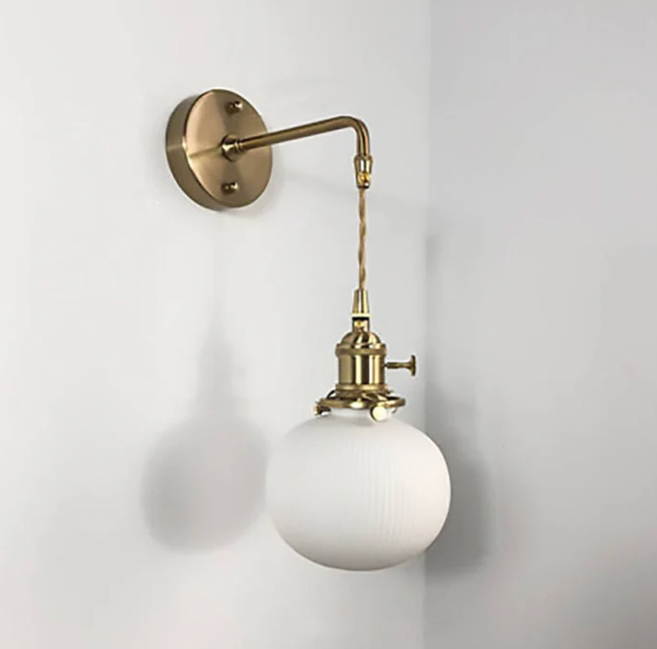 Retro Wall Light with Milky Glass Shade and Brass Finish