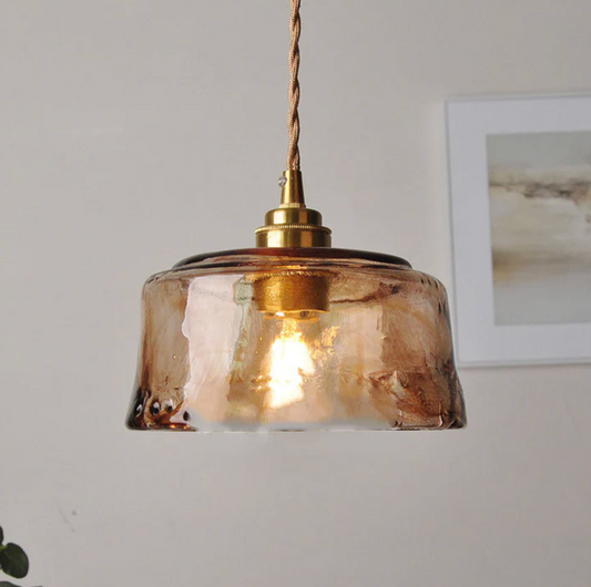 Amber Art Glass Pendant Light with Brass Finish