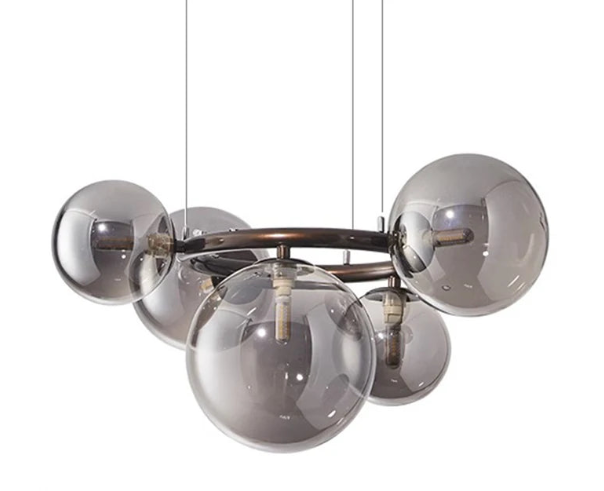 Modern Chandelier with Glass Globes – Designer Pendant Light with Smoked Shades and Circular Frame