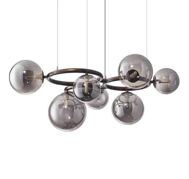 Modern Chandelier with Glass Globes – Designer Pendant Light with Smoked Shades and Circular Frame