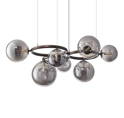 Modern Chandelier with Glass Globes – Designer Pendant Light with Smoked Shades and Circular Frame