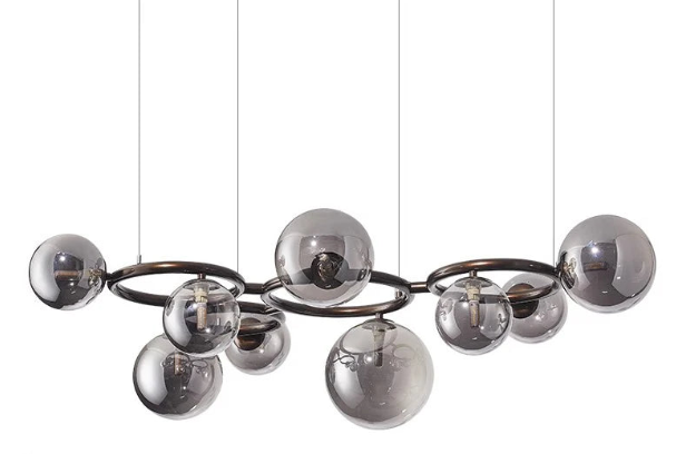 Modern Chandelier with Glass Globes – Designer Pendant Light with Smoked Shades and Circular Frame