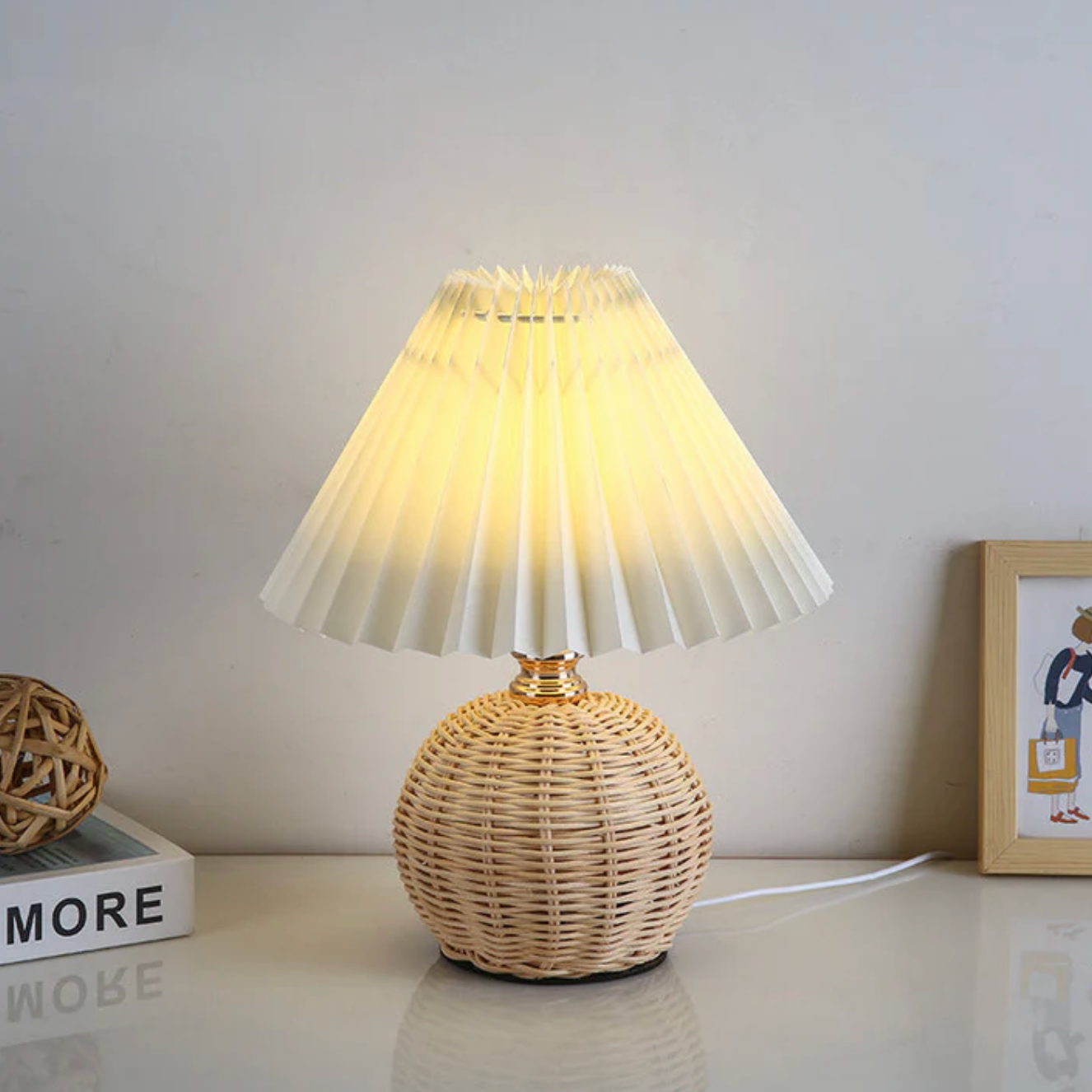 Boho Table Lamp with Woven Rattan Base and Pleated Shade