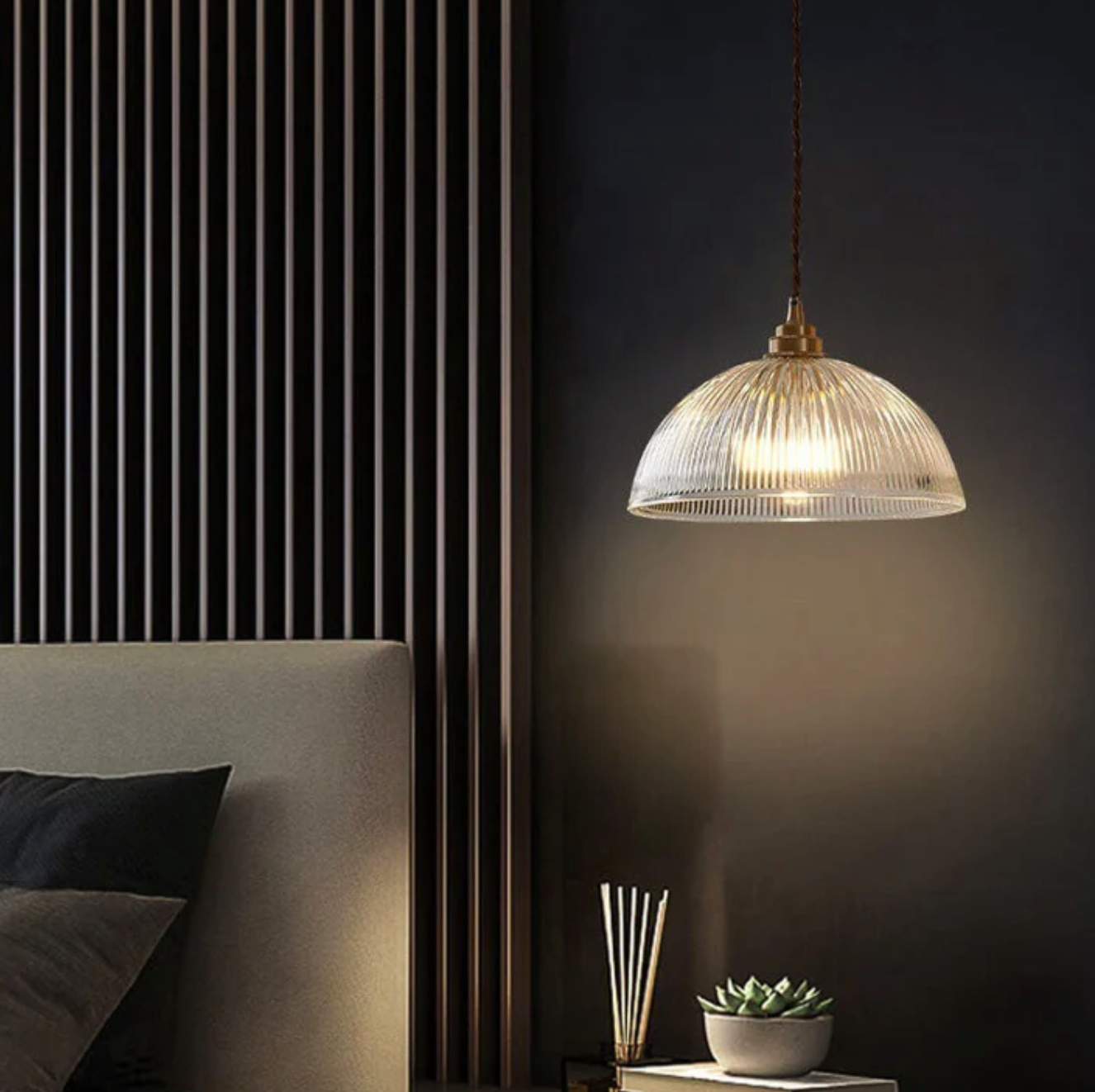 Retro Pendant Light with Ribbed Glass Shade and Brass Finish