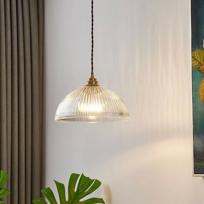 Retro Pendant Light with Ribbed Glass Shade and Brass Finish