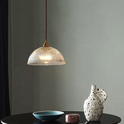 Retro Pendant Light with Ribbed Glass Shade and Brass Finish