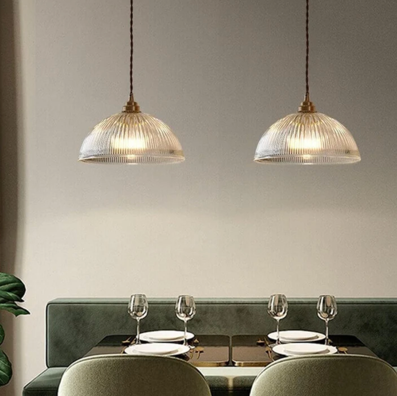 Retro Pendant Light with Ribbed Glass Shade and Brass Finish