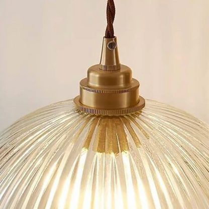Retro Pendant Light with Ribbed Glass Shade and Brass Finish