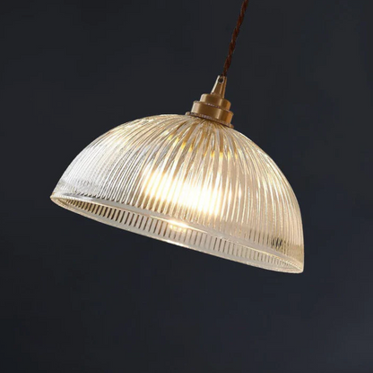 Retro Pendant Light with Ribbed Glass Shade and Brass Finish
