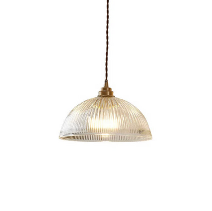 Retro Pendant Light with Ribbed Glass Shade and Brass Finish