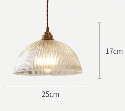 Retro Pendant Light with Ribbed Glass Shade and Brass Finish