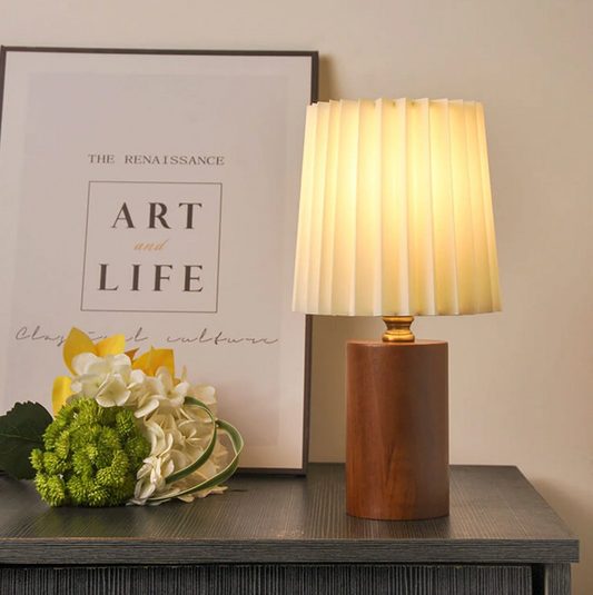 Scandinavian Table Lamp with Wooden Base and Pleated Shade