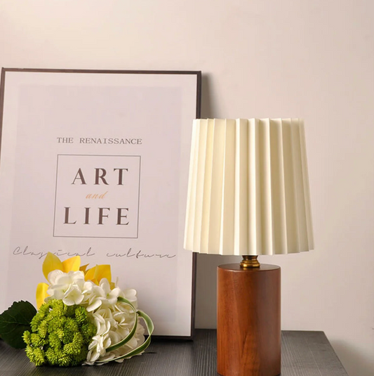Scandinavian Table Lamp with Wooden Base and Pleated Shade