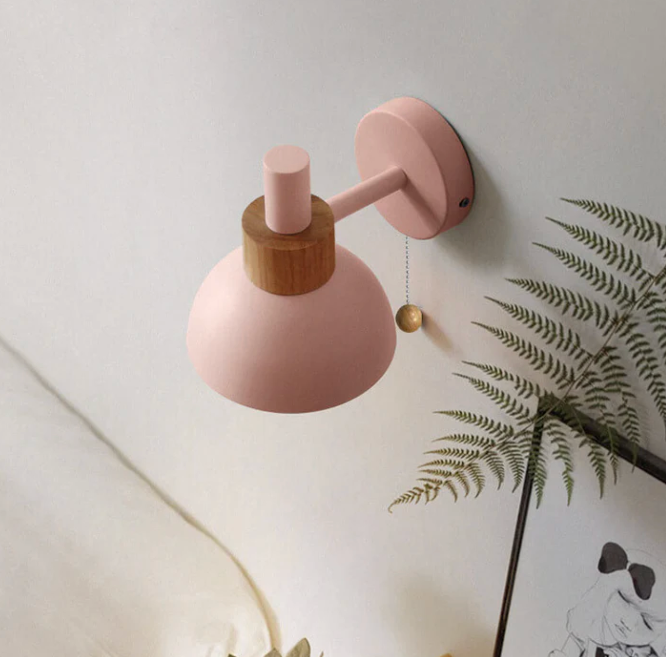 Wall Light with Pull Chain – Modern Sconce with Wooden Accent