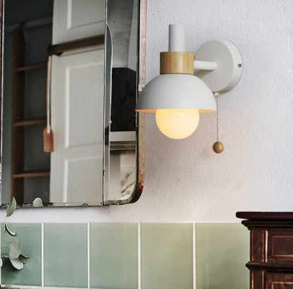 Wall Light with Pull Chain – Modern Sconce with Wooden Accent