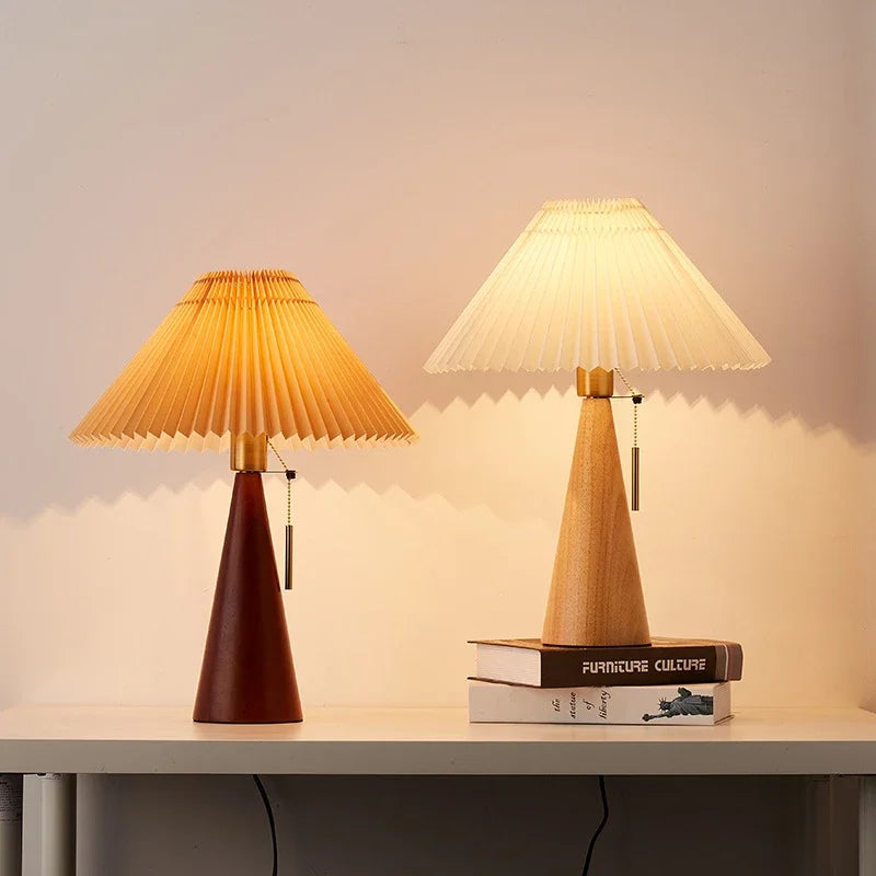 Pleated Shade Table Lamp with Wooden Base – Scandinavian Style