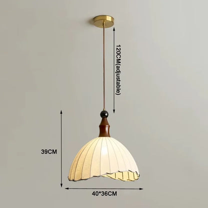 Retro Pendant Light with Silk Shade and Wooden Finish