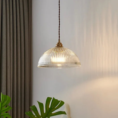 Retro Pendant Light with Ribbed Glass Shade and Brass Finish