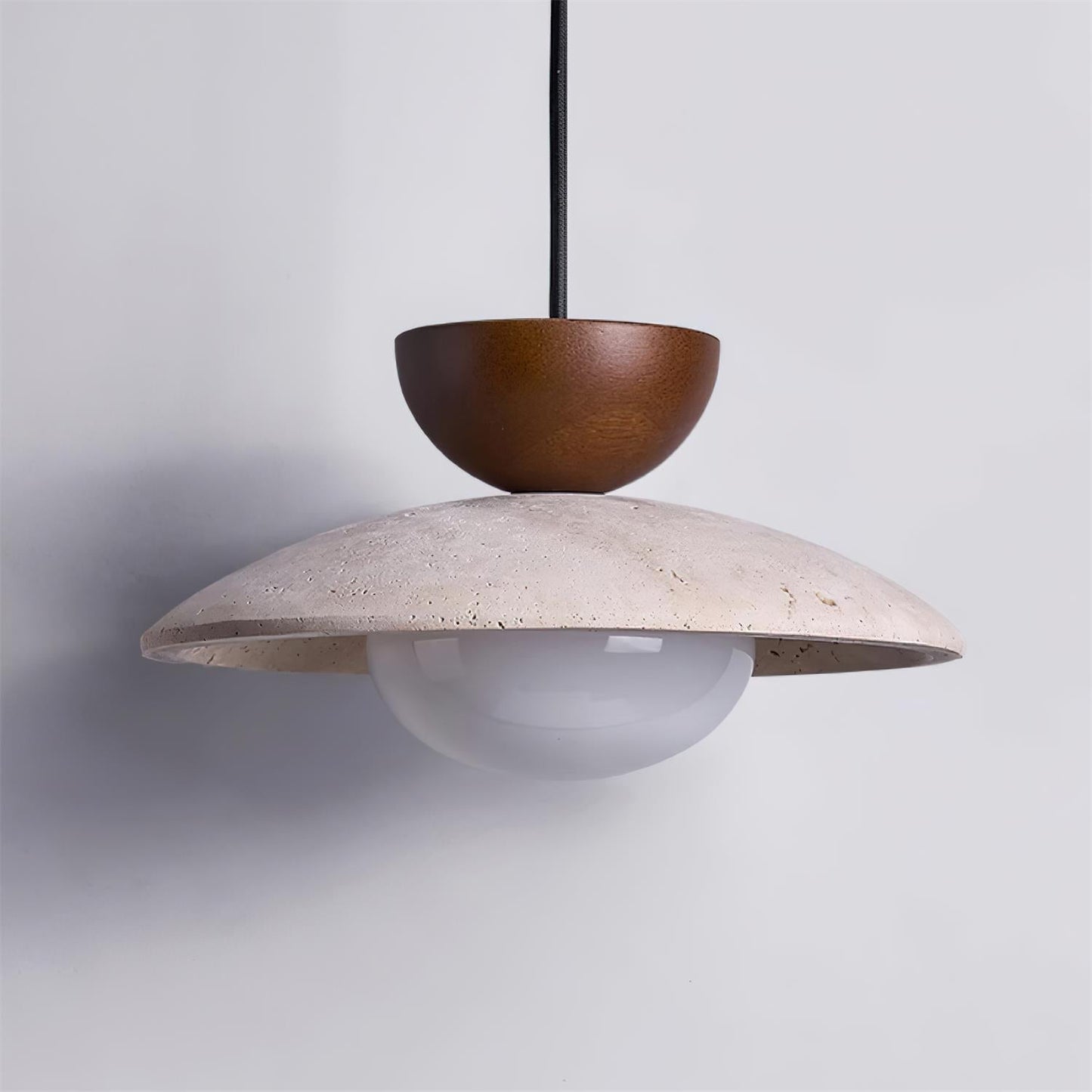 Travertine and Wood Ceiling Pendant with Opal Glass - Arrielight