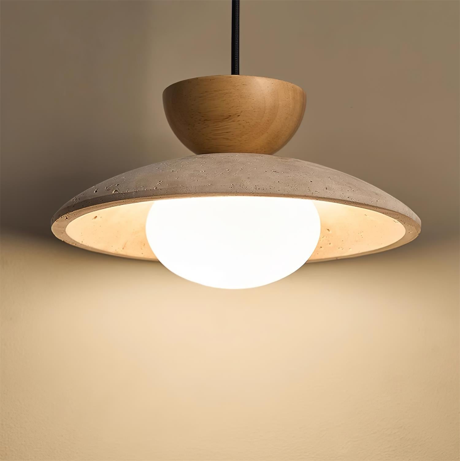 Travertine and Wood Ceiling Pendant with Opal Glass - Arrielight