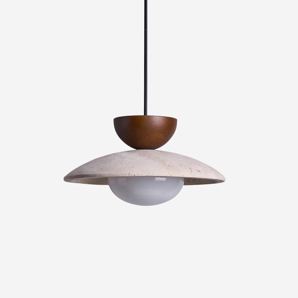 Travertine and Wood Ceiling Pendant with Opal Glass - Arrielight