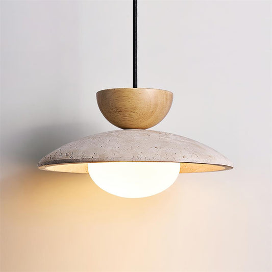 Travertine and Wood Ceiling Pendant with Opal Glass - Arrielight