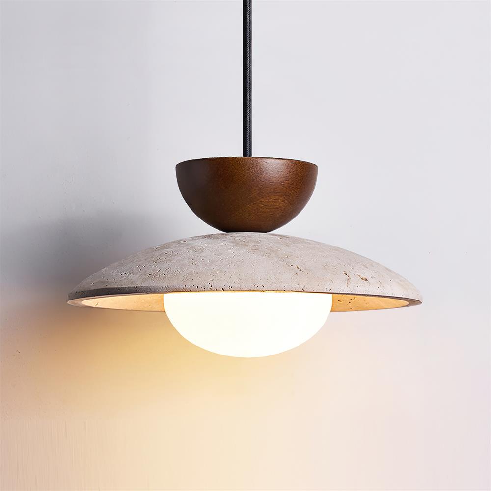 Travertine and Wood Ceiling Pendant with Opal Glass - Arrielight