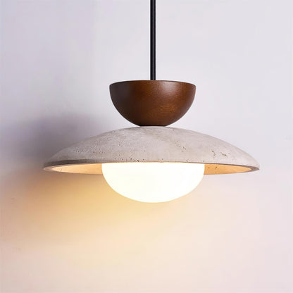Travertine and Wood Ceiling Pendant with Opal Glass - Arrielight