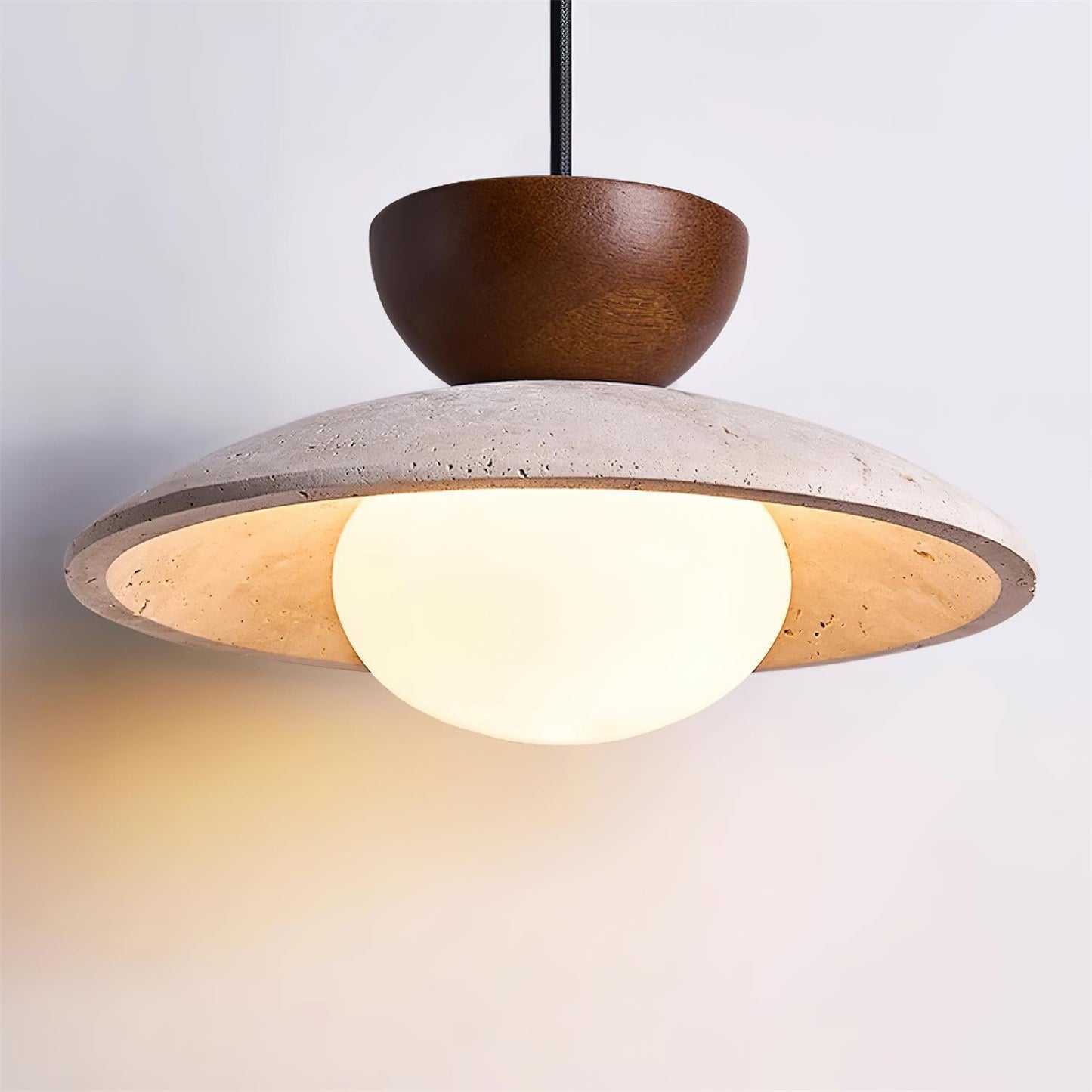 Travertine and Wood Ceiling Pendant with Opal Glass - Arrielight
