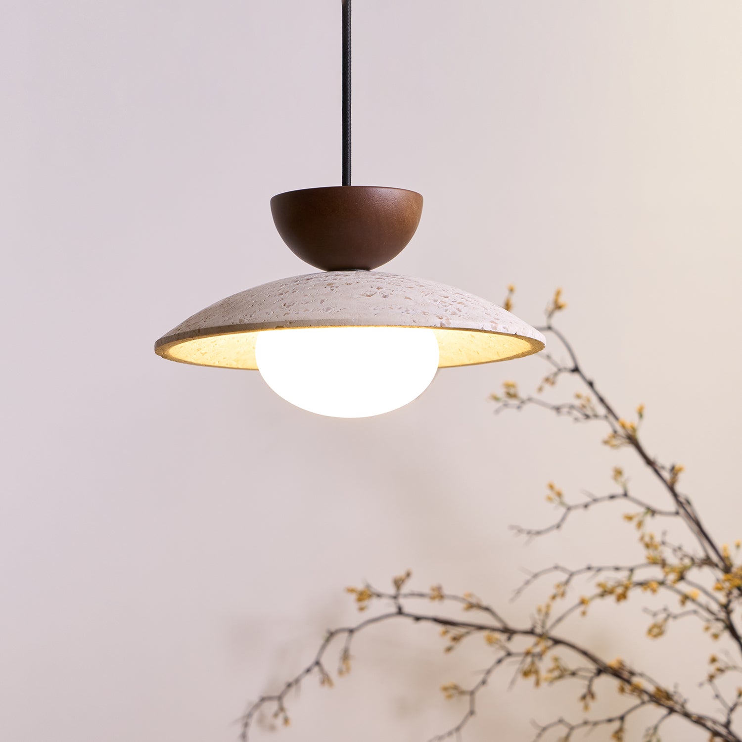 Travertine and Wood Ceiling Pendant with Opal Glass - Arrielight