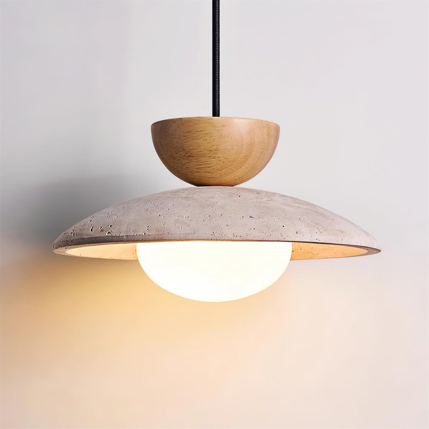 Travertine and Wood Ceiling Pendant with Opal Glass - Arrielight