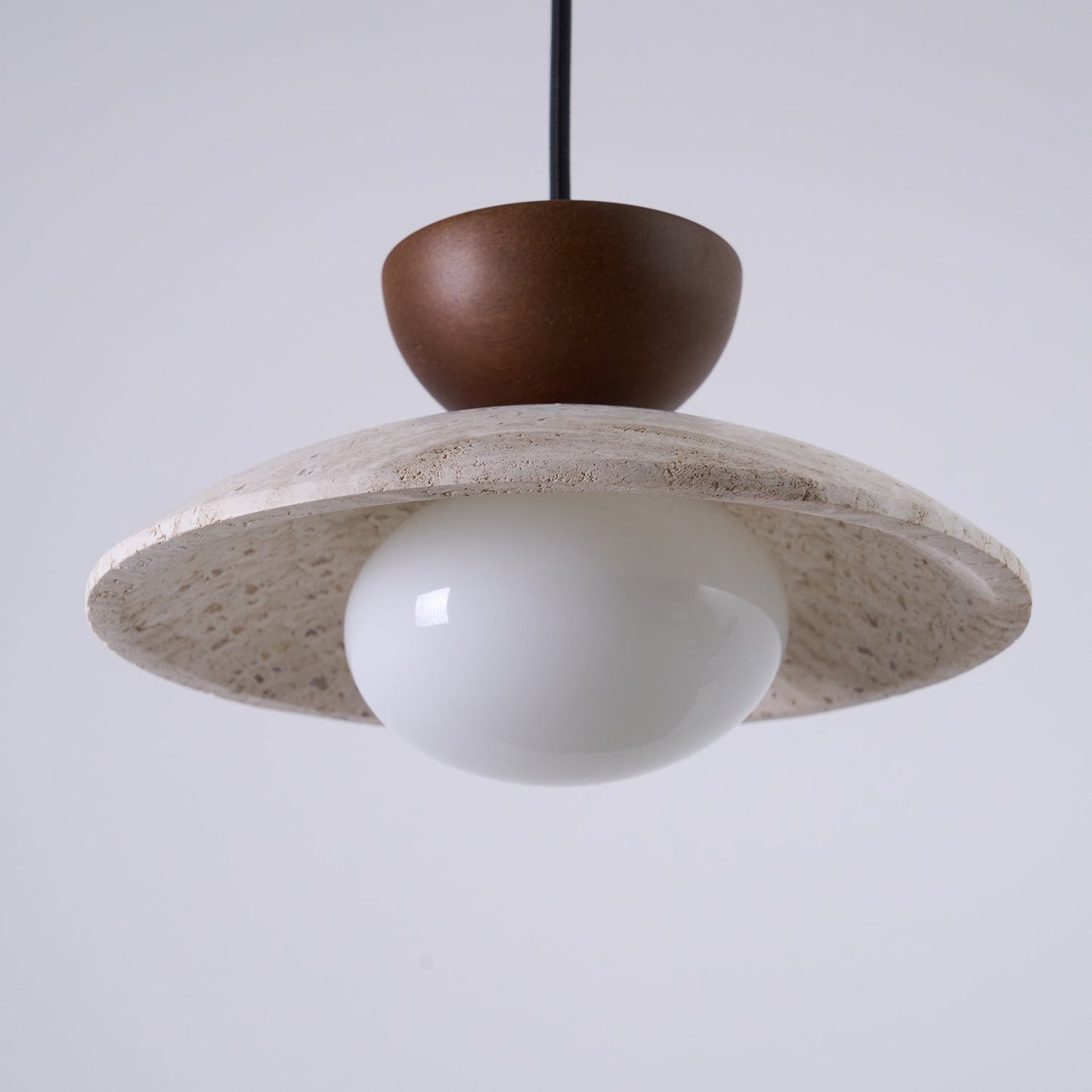 Travertine and Wood Ceiling Pendant with Opal Glass - Arrielight