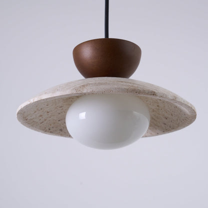 Travertine and Wood Ceiling Pendant with Opal Glass - Arrielight