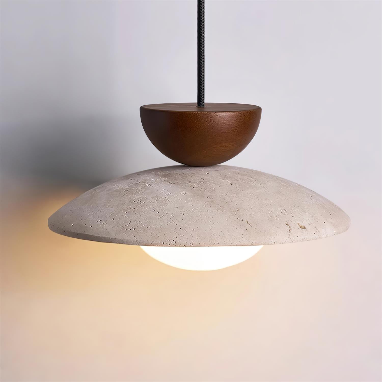Travertine and Wood Ceiling Pendant with Opal Glass - Arrielight
