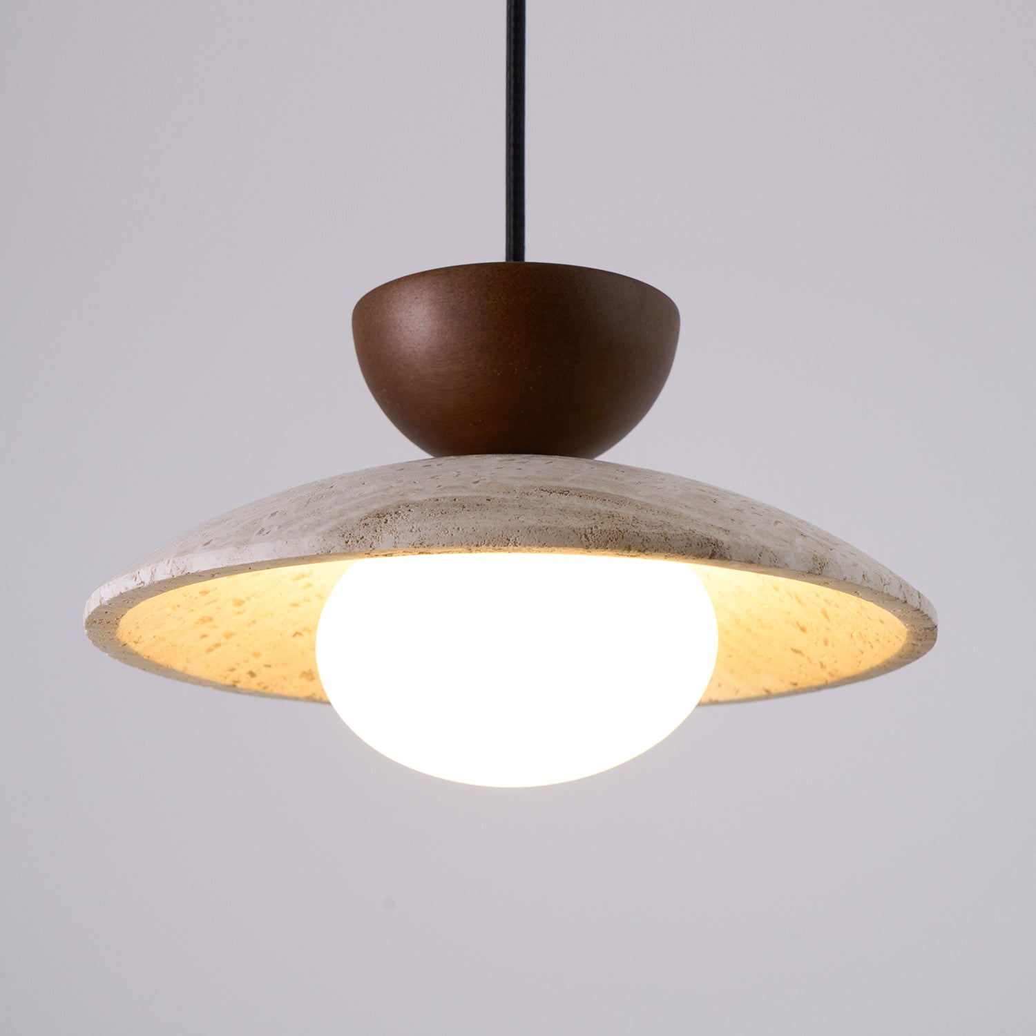 Travertine and Wood Ceiling Pendant with Opal Glass - Arrielight