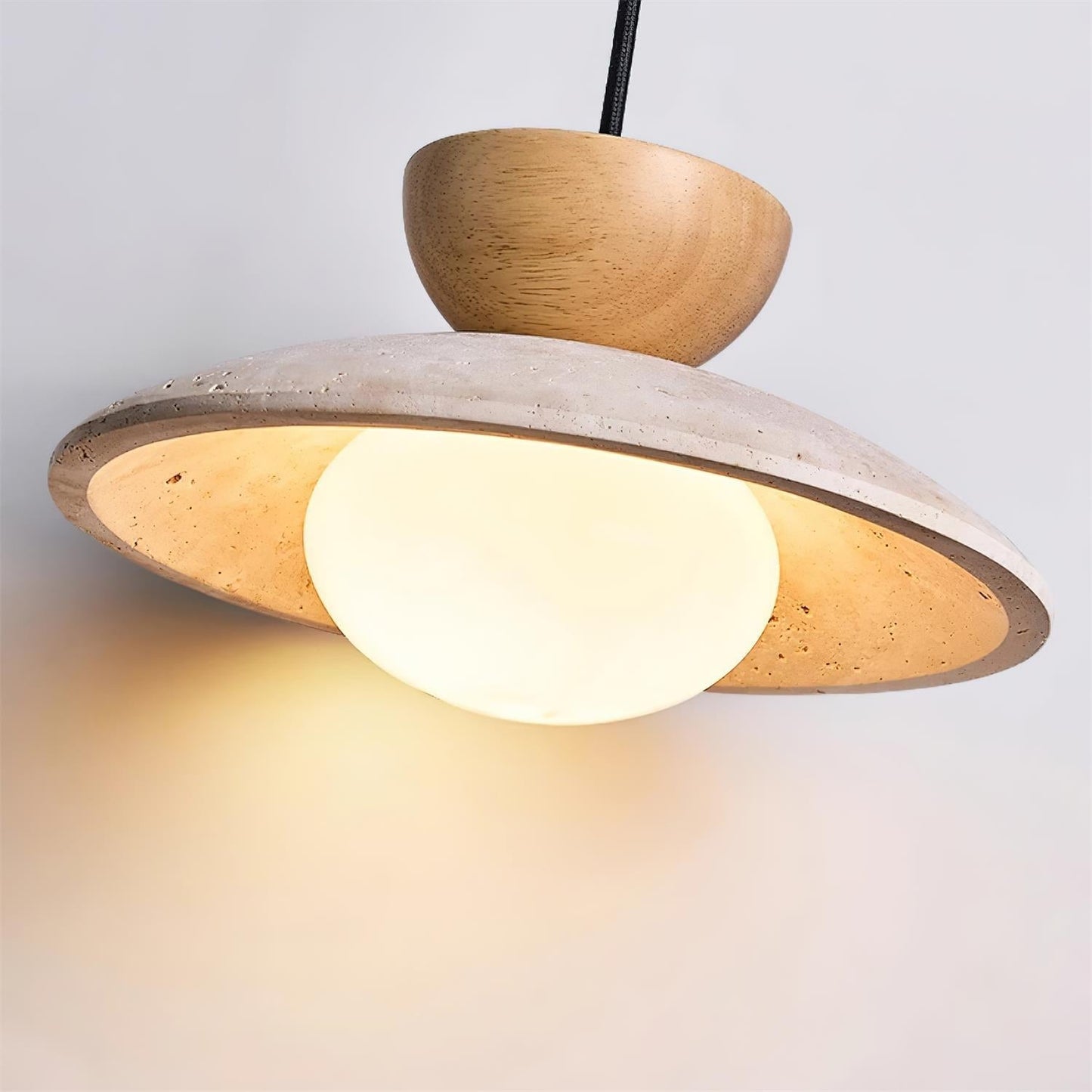 Travertine and Wood Ceiling Pendant with Opal Glass - Arrielight