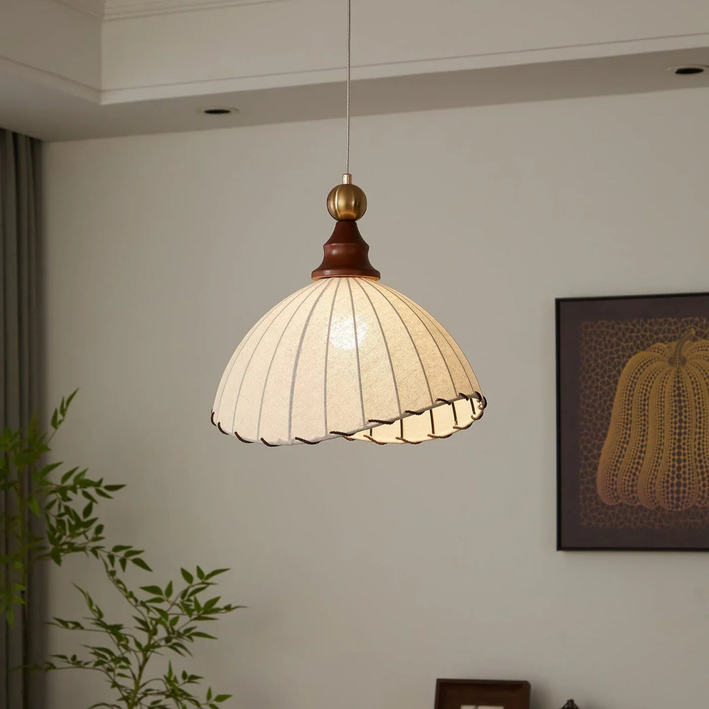 Retro Pendant Light with Silk Shade and Wooden Finish