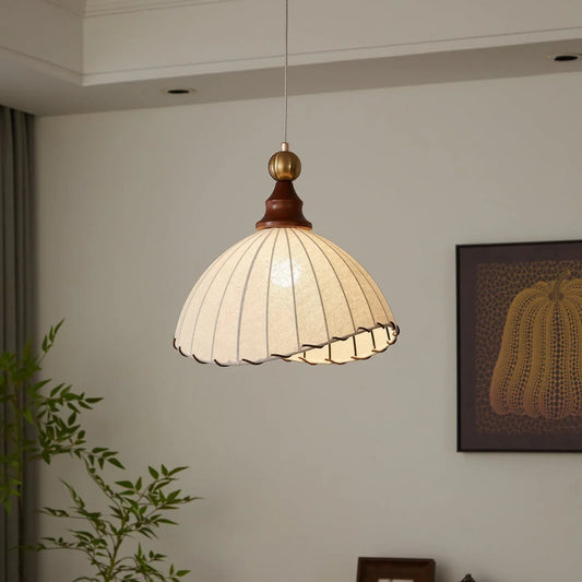 Retro Pendant Light with Silk Shade and Wooden Finish