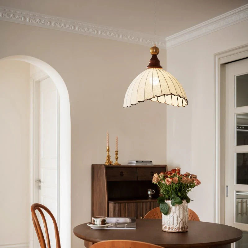 Retro Pendant Light with Silk Shade and Wooden Finish