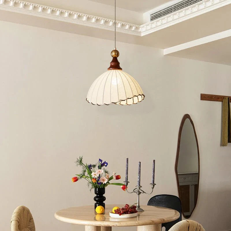 Retro Pendant Light with Silk Shade and Wooden Finish